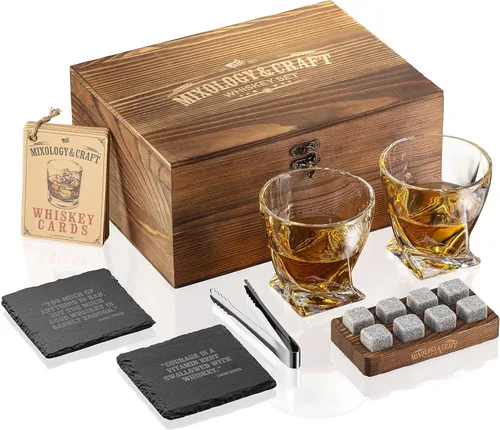 Mixology - Juego de regalo de piedras de whisky para hombres, paquete de 2, vasos de whisky de 10 onzas con 8 rocas de granito para enfriar, 2