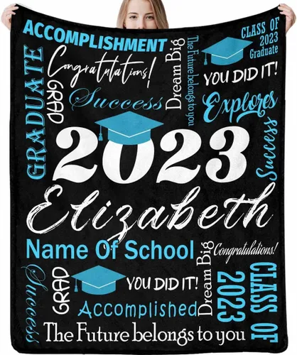 Miniatura 21 de Decoraciones de graduación 2023, manta de regalo para ella, él, felicitaciones 2023, azul oscuro, manta de graduado con nombre personalizado, No.11