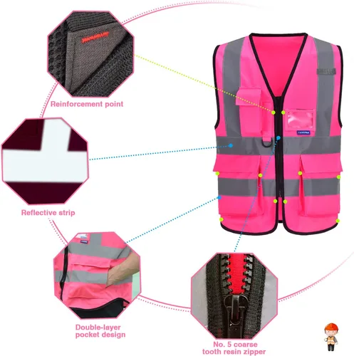 Miniatura 5 de A-SAFETY Chalecos de seguridad rosa para mujer, chaleco de seguridad de trabajo con tiras reflectantes, talla XXL Rosado
