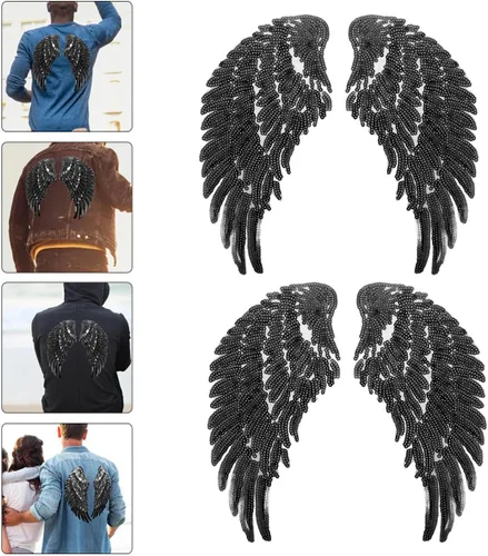 Miniatura 8 de Amosfun Sequin Angel Wings Embroidered Iron-on Clothes Applique Patch 2 Pairs Black DIY Garment Sewing Decor for Jackets Shirts Craft