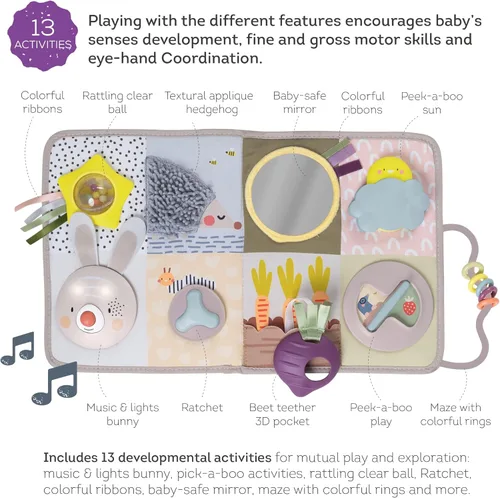 Miniatura 8 de Taf Toys Tablero de actividades para recién nacidos y niños pequeños con música y luces, 13 actividades Montessori, espejo seguro para bebés