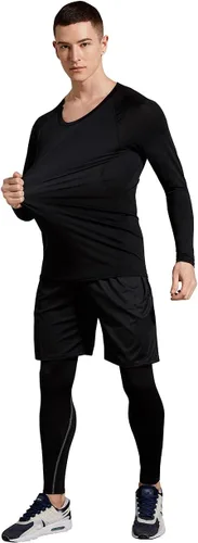 Miniatura 4 de BUYJYA Pantalones de compresión para hombre, camisa de manga larga, conjuntos atléticos, ropa de gimnasio, entrenamiento, 5 uds