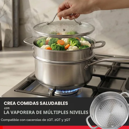 Miniatura 8 de Mueller Juego de ollas y sartenes de 17 piezas, Ultra-Clad Pro Juego de utensilios de cocina de acero inoxidable, mango ergonómico EverCool, Plateado