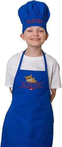 Miniatura 3 de Conjunto de delantal y sombrero personalizado para niños, diseño de animales, añade tu propio nombre para niños, cocina, horneado Blanco