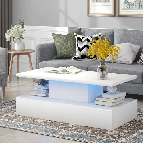 Miniatura 15 de Quarte Mesa de centro de estilo moderno de 2 niveles con iluminación LED de 16 colores, mesa de cóctel con control remoto y gran lugar
