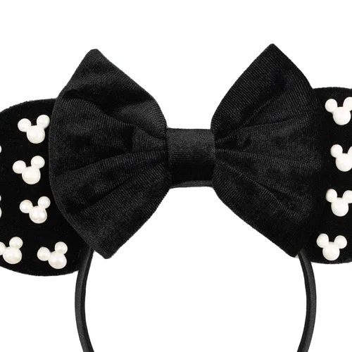 Miniatura 3 de Diadema de Orejas de Ratón de Terciopelo con Cuentas, Diadema de Lazo Negro para el Cabello con Perlas, Accesorio de Cabeza de Decoración de Fiesta