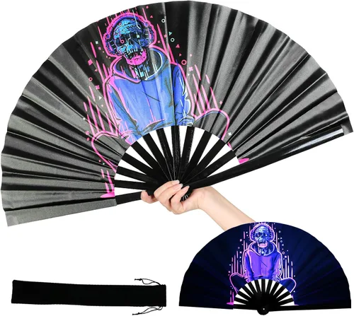 Miniatura 8 de INNOLIFE Ventilador de mano plegable grande de 13 pulgadas para raves, ventilador de rave con brillo UV, ventilador de mano para mujeres y hombres