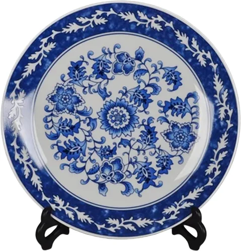 Miniatura 7 de Platos decorativos de porcelana azul y blanca de 10.2 in con patrón floral oriental para manualidades de cerámica para adornos, 1 plato con 1 CP003