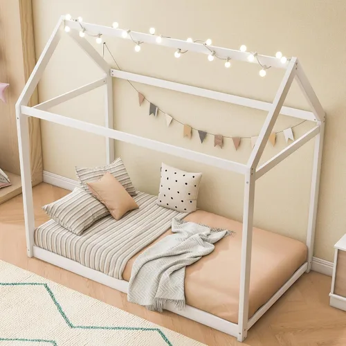 Miniatura 8 de Harper & Bright Designs Base de cama Montessori de tamaño individual, cama de piso de madera con techo para niños y niñas, no necesita somier, gris