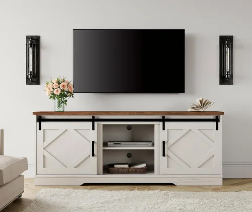 Miniatura 13 de WAMPAT Moderno soporte de TV de granja para televisores de hasta 65 pulgadas con puertas corredizas de granero, centro de entretenimiento de madera
