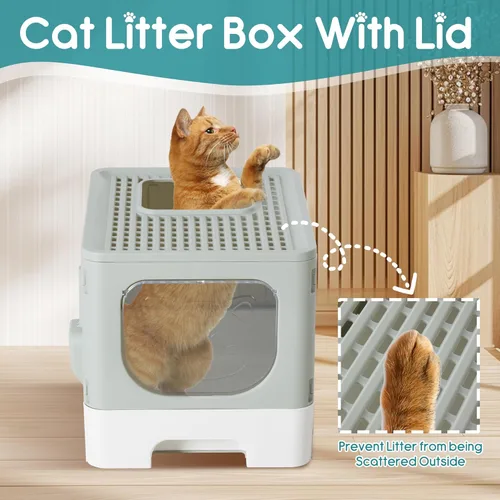 Miniatura 3 de OLIXIS Caja de arena para gatos con tapa, caja grande plegable para gatos con cuchara de arena, caja de arena para gatos con salida superior