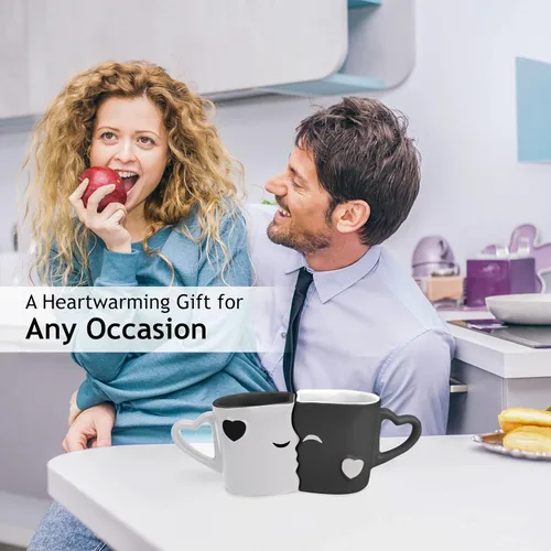 Miniatura 2 de MIAMIO - Juego de tazas de café/taza de besos para parejas de novia, de cerámica, con caja de regalo para bodas/cumpleaños/aniversario (negro)