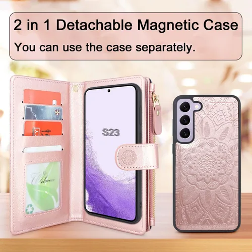 Miniatura 3 de Harryshell Funda de cuero desmontable con cremallera magnética con bolsillo para monedas, 12 ranuras para tarjetas, correa de muñeca para Samsung