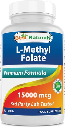 Best Naturals Folato de metilo 15000 mcg (15 mg) (la mayoría biodisponible) 60 tabletas - Apoya la función de crecimiento de la formación celular,
