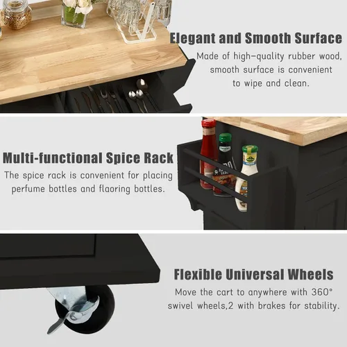 Miniatura 4 de NSdirect Carrito de isla de cocina, barra de cocina y carrito de servicio, ruedas con estante para especias, toallero, carrito de almacenamiento