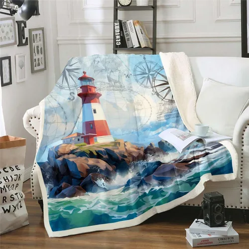 Manta de olas oceánicas para cama, silla, retro, brújula, velero, manta náutica para decoración de dormitorio de niños, manta de vellón marino con