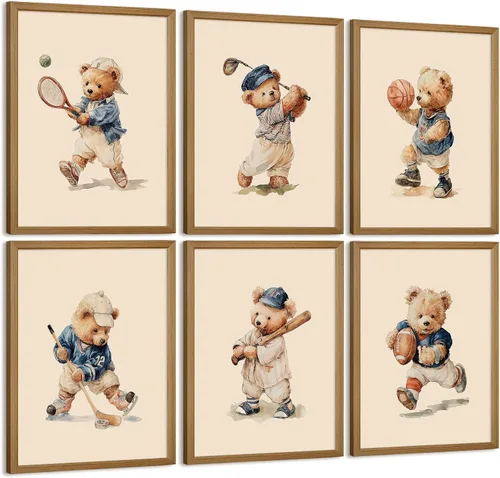 Oso de peluche para guardería, arte de pared para habitación de bebé, decoración de pared, vintage, deportes, guardería, impresiones artísticas para