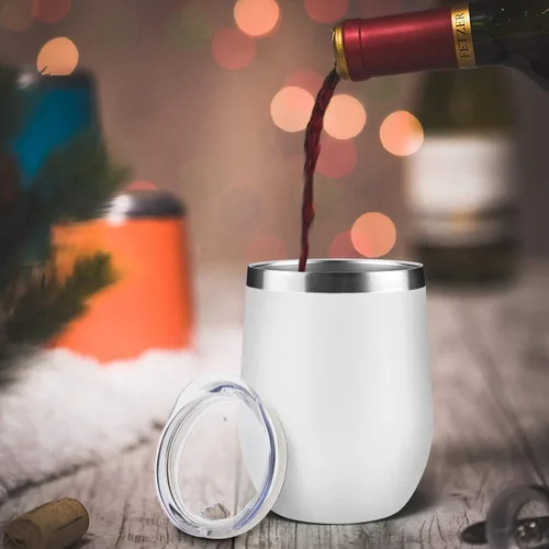 Miniatura 5 de MEWAY Vaso de vino sin tallo de 12 onzas con tapa, vaso de viaje de acero inoxidable con aislamiento de doble pared al vacío con popote, para Blanco