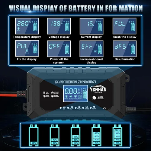 Miniatura 5 de YONHAN Cargador de Batería de 15 Amperios LiFePO4 Cargador de Batería de Coche de Carga Lenta 12V 24V Cargadores de Batería Inteligentes Totalmente