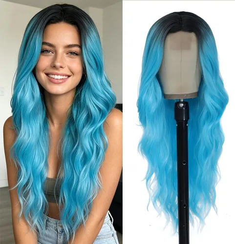 Miniatura 15 de Peluca larga negra ondulada con flequillo para mujer, 26 pulgadas, peluca sintética de aspecto natural de repuesto para uso diario, fiesta, cosplay