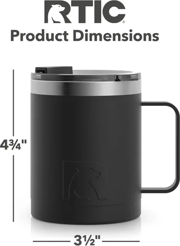Miniatura 4 de RTIC Taza de café con asa, 12 onzas, color negro, portátil de viaje térmico para campamento, aislada al vacío con tapa, acero inoxidable, a prueba