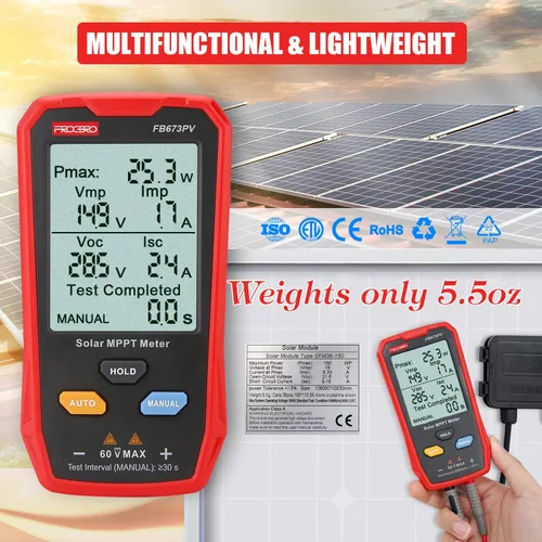 Miniatura 6 de Probador de Panel Solar Mejorado Medidor Multímetro Fotovoltaico 800W, Medidor MPPT Solar con LCD Ultra Claro Grande, Herramienta de Utilidad