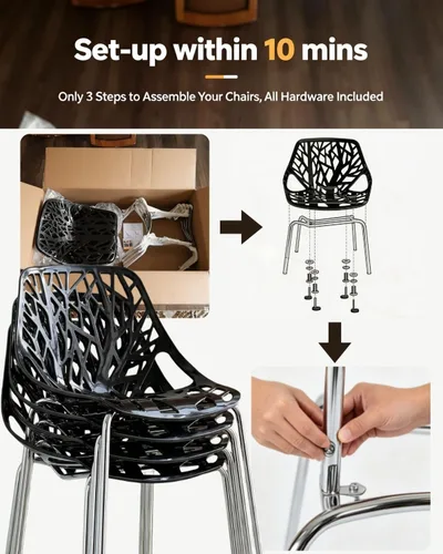 Miniatura 6 de Karl home Juego de 4 sillas de comedor negras modernas, sillas apilables de plástico con 4 patas de metal cromado para comedor, sala de estar, sala