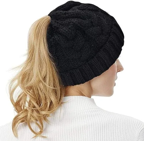 Miniatura 7 de Rosoz Gorro de cola de caballo para mujer, gorro cálido de invierno, suave, elástico, de punto trenzado, para moño alto