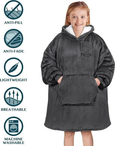 Miniatura 5 de PAVILIA Sudadera Manta Ponible para Niños y Niñas, Sudadera con Capucha Gigante Cálida y Acogedora, Forro Polar Sherpa con Capucha y Mangas de Gris
