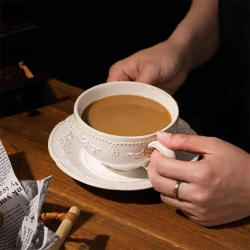 Miniatura 6 de Tazas de capuchino de 6 onzas con platillos, apto para inauguración de la casa, taza de café de cerámica en relieve para Au Lait, doble shot, latte