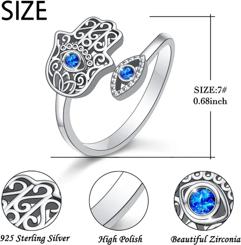 Miniatura 4 de Hamsa Hand of Fatima Lotus Evil EyeLove HeartButterflyRose Spoon Adjustable Open Rings 925 Sterling Silver Statement Ring Jewelry Gifts for Women
