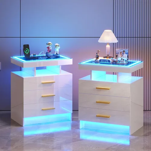 Miniatura 10 de HNEBC Mesita de noche LED con estación de carga, mesita de noche inteligente con luces de sensor de movimiento, 3 cajones, parte superior de vidrio