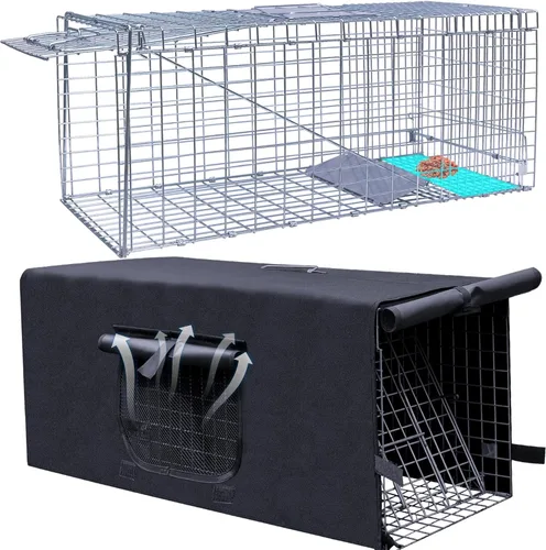Miniatura 8 de Funda para jaula de animales vivos, trampa para gatos callejeros de 32 pulgadas, trampa plegable con puerta real para mapaches, zarigüeyas