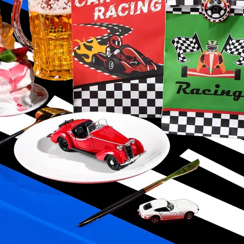 Miniatura 4 de Irenare 6 hojas de suministros para fiesta de cumpleaños de automóvil, decoraciones de fiesta de carreras, mantel de carretera, camino de mesa