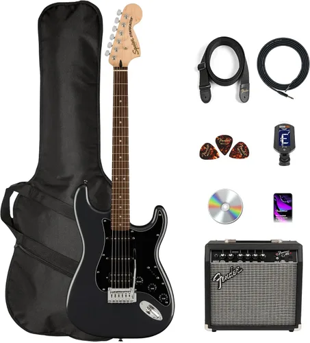 Fender Squier Affinity Stratocaster HSS - Paquete Charcoal Frost Metallic con amplificador Frontman 10G, cable, funda, correa, púas, lecciones en