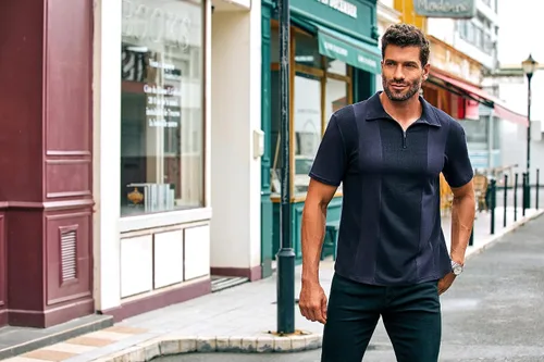 Miniatura 6 de Coutgo Camisas polo con cremallera para hombre, manga corta, a rayas, ajuste regular, cuello Fasion