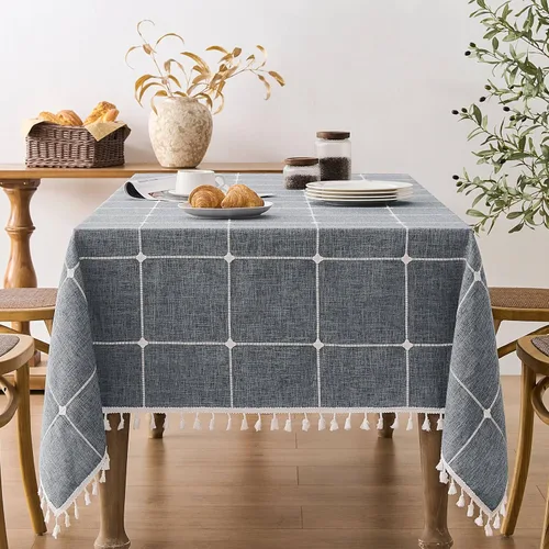 Miniatura 101 de ZeeMart - Mantel de mesa con diseño de cuadrícula boho y borlas (blanco roto, 132 cm x 132 cm), mantel de gran peso de lino a cuadros bordado