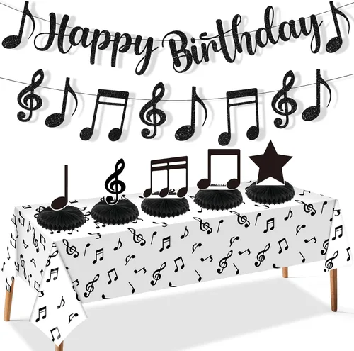 Miniatura 8 de Decoraciones de fiesta musical, nota musical negra, pancarta de feliz cumpleaños, globos, notas, platos, servilletas, mantel, mesa de nido de abeja
