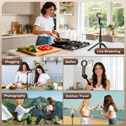 Miniatura 7 de Trípode magnético para selfie de 64 pulgadas, soporte de trípode de apertura automática con soporte giratorio de 360° para teléfono de viaje