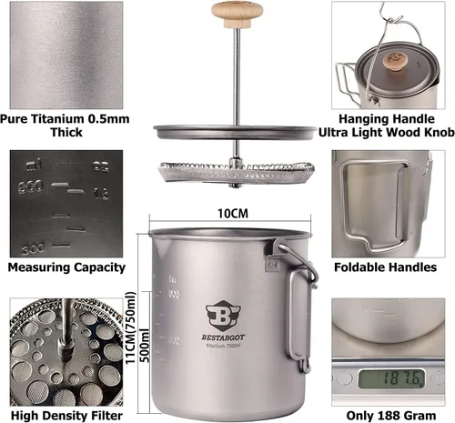 Miniatura 2 de Bestargot Olla de titanio de 750 ml, prensa francesa portátil Olla de camping ultraligera para café, cocina y supervivencia Compatible