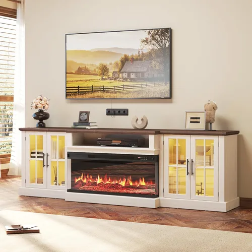 Miniatura 11 de Mueble de TV de estilo granja de 98" con chimenea de 36" para televisores de hasta 100", centro de entretenimiento multimedia con estantes Blanco