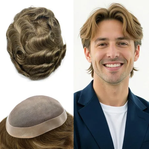 Miniatura 81 de Toupee Pieza de pelo para hombres Sistema de reemplazo de cabello Cabello humano real Mono Toupee fino para hombres Piezas de pelo Hombres Toupee