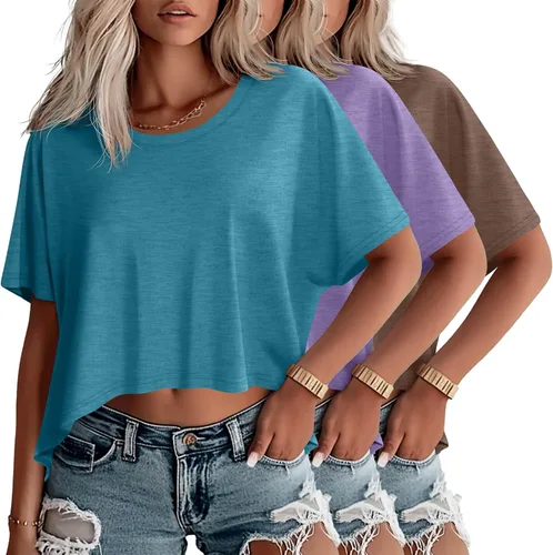 Miniatura 32 de Huukeay Paquete de 3 camisetas recortadas de gran tamaño para mujer, manga corta, holgadas, cuello redondo, holgadas, para entrenamiento