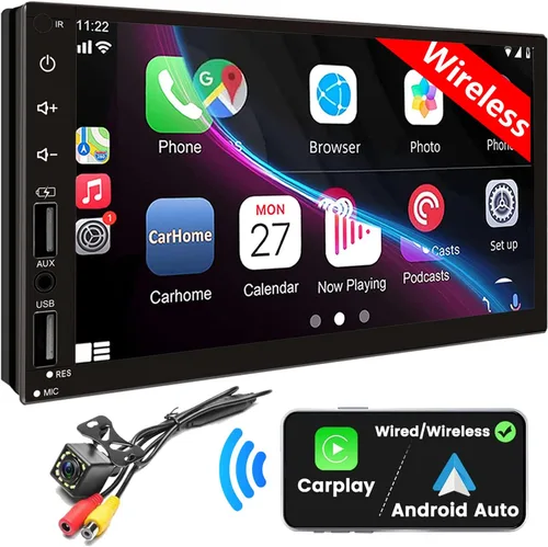 Estéreo de Coche Doble DIN con Apple CarPlay Inalámbrico y Android Auto, Receptor de Audio de Coche con Pantalla Táctil de 7 Pulgadas, Radio de