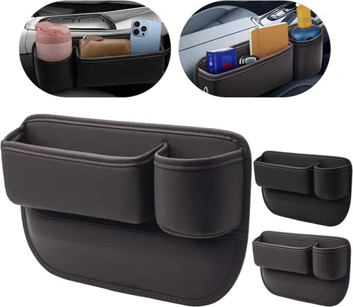 Miniatura 8 de Portavasos de cuero para automóvil, 2 piezas, relleno de huecos para asiento de automóvil con portavasos para tazas, gafas, tarjeta y llave Negro