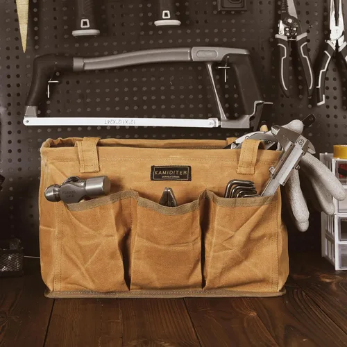 Miniatura 5 de Bolsa de herramientas de lona encerada duradera de 16 onzas con marco de metal, bolsa de almacenamiento de herramientas tipo tote grande plegable