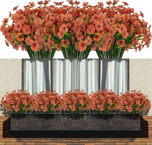 Miniatura 7 de Flores artificiales 15 racimos para exteriores, resistentes a los rayos UV, tela de plástico, plantas verdes para colgar macetas, cocina, hogar, Azul