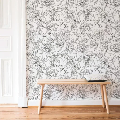 Miniatura 10 de Simon&Siff Papel Tapiz Lineal Floral, Papel Tapiz Blanco y Negro Despegar y Pegar Flores Boceto Papel de Pared Floral Removible para Dormitorio Baño