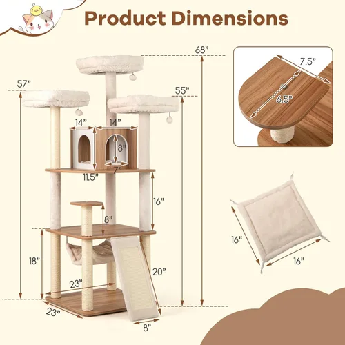 Miniatura 4 de Tangkula Árbol alto para gatos, torre para gatos de madera moderna de 68 pulgadas con postes rascadores de sisal, 3 perchas acolchadas, condominio