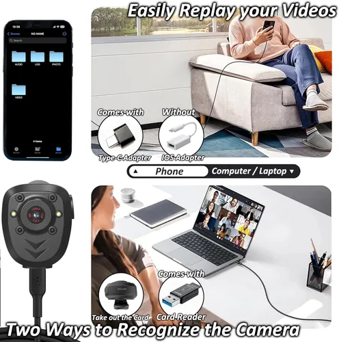 Miniatura 6 de Mini Cámara de Cuerpo Grabadora de Video con Tarjeta de Memoria Integrada de 128GB con Visión Nocturna IR y Grabación en Bucle HD 1080P, Vida